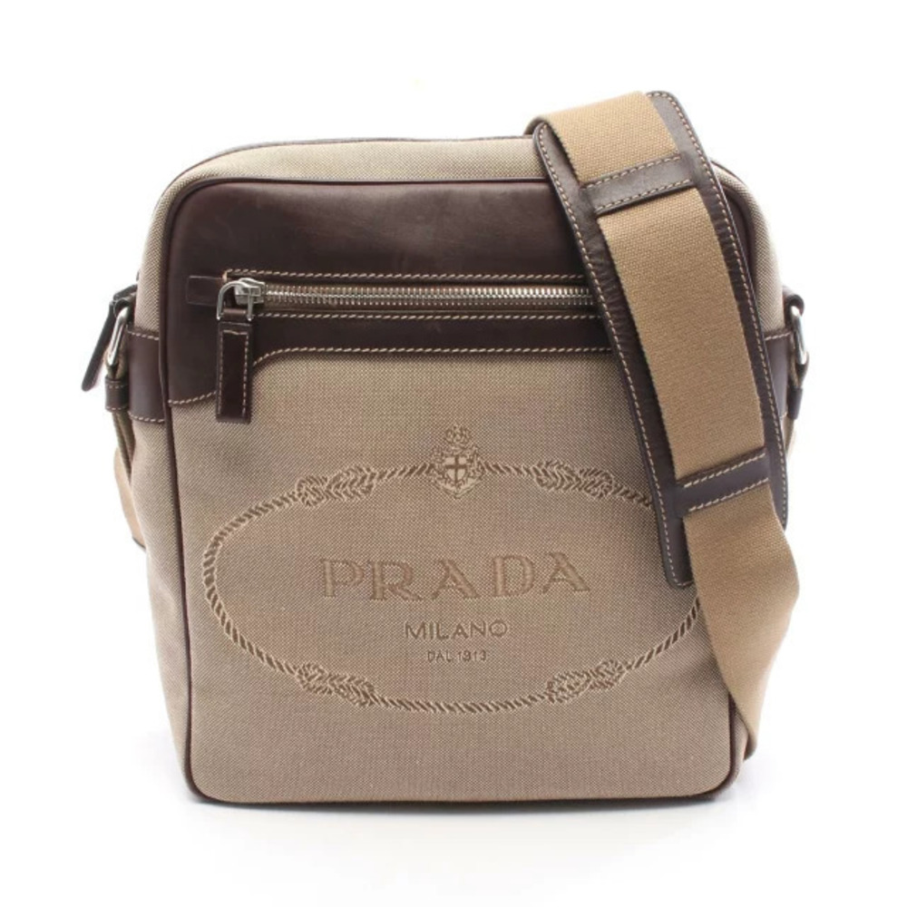 Prada Jacquard Shoulder Bag Canvas Leather Beige Cream Brown
